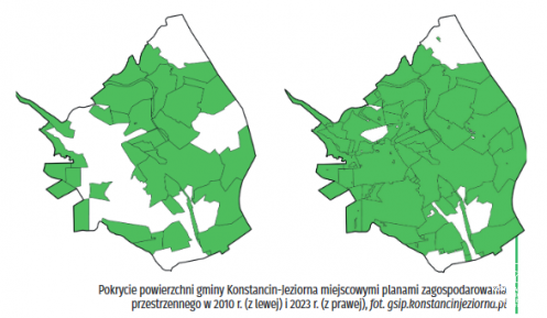 Mapka gminy Konstancin-Jeziorna z zaznaczonymi na zielono miejscami zagospodarowania przestrzennego.