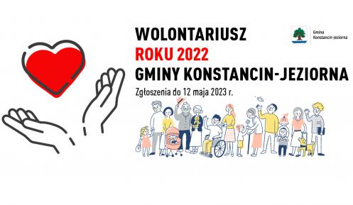 Grafika wektorowa. Serce na dłoni i napis: Wolontariusz Roku 2022 Gminy Konstancin-Jeziorna.