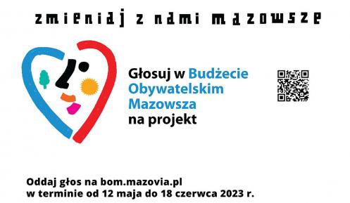 Grafika wektorowa. Logo Budżetu Obywatelskiego Mazowsza oraz tekst – Zmieniaj z nami Mazowsze.