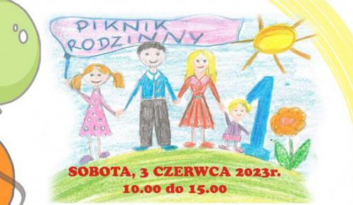 Grafika wektorowa. Plakat promujący piknik rodzinny w SP nr 1 w Konstancinie-Jeziornie.