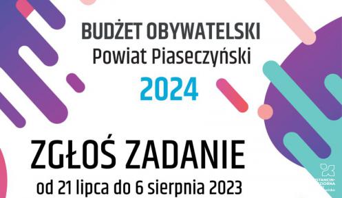 Grafika wektorowa utrzymana w różowo-fioletowych barwach. Na środku tekst: Budżet Obywatelski Powiatu Piaseczyńskiego 2024