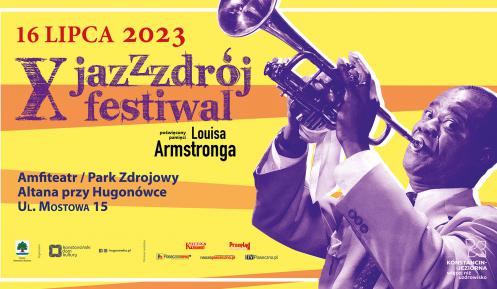 Plakat festiwalu jazzowego z grafiką Luisa Armstronga grającego na trąbce. 