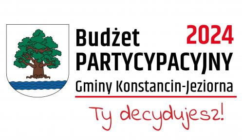 Białe tło z herbem gminy Konstancin-Jeziorna oraz napisem Budżet Partycypacyjny 2024 Gminy Konstancin-Jeziorna – Ty decydujesz.