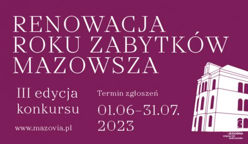 Fioletowa grafika, na niej napis konkurs „Renowacja roku zabytków Mazowsza” i obok biała grafika starego budynku