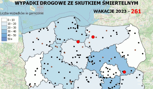 Grafika wektorowa. Mapa Polski z naniesionymi miejscami wypadków.