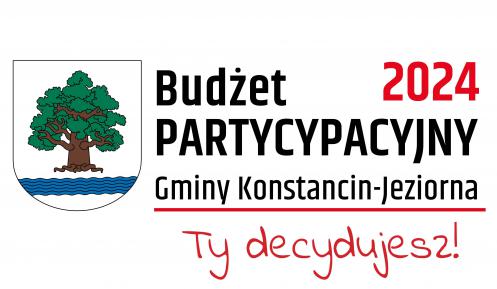 Białe tło z herbem gminy Konstancin-Jeziorna oraz napisem Budżet Partycypacyjny 2024 Gminy Konstancin-Jeziorna – Ty decydujesz.