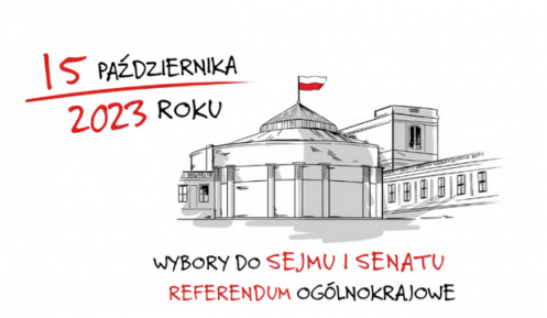 Grafika wektorowa, budynek sejmu oraz napis: 15 października 2023 roku – wybory do sejmu i senatu