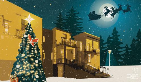 Grafika wektorowa. Na obrazku widac świateczną choinkę oraz św. Mikołaja lecącego saniami po niebie. To wszytsko na tle budynku KDK.