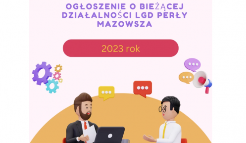 Grafika. Niebieskie tło po prawej stronie megafon. Na środku napis: Najważniejsze informacje o bieżącej działalności Stowarzyszenia Perły Mazowsza Lokalnej Grupy Działania