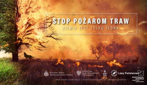 Grafika wektorowa. Plakat promujący kampanię społeczną „Stop pożarom traw”. 