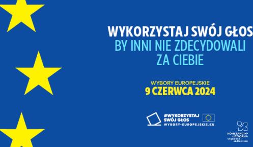 Grafika wektorowa: na niebieskim tle napis – wykorzystaj swój głos, by inni nie zdecydowali za ciebie. Wybory europejskie – 9 czerwca 2024 r.