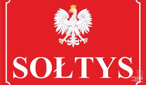 Grafika wektorowa: na czerwonym tle napis sołtys, a nad nim godło RP