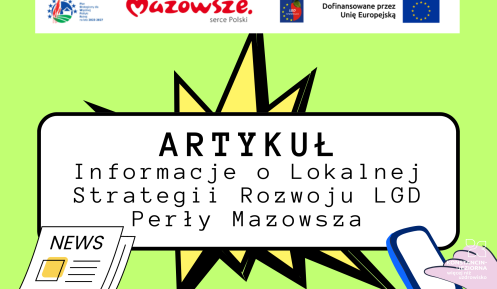 Grafika wektorowa: na zielonym tle tekst – artykuł Informacje o Lokalnej Strategii Rozwoju LGD Perły Mazowsza