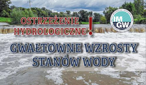 Na górze czerwony napis: Ostrzeżenie hydrologiczne z wykrzyknikiem. Obok niego logo Instytutu Meteorologii i Gospodarki Wodnej (niebieski okrąg z białymi literami IMGW), poniżej niebieski napis: Gwałtowne wzrosty stanów wody. W tle rwąca rzeka.