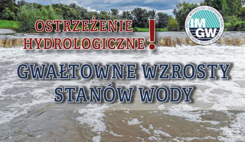 Na górze czerwony napis: Ostrzeżenie hydrologiczne z wykrzyknikiem. Obok niego logo Instytutu Meteorologii i Gospodarki Wodnej (niebieski okrąg z białymi literami IMGW), poniżej niebieski napis: Gwałtowne wzrosty stanów wody. W tle rwąca rzeka.