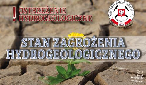 Grafika wektorowa informująca o wprowadzeniu stanu zagrożenia hydrogeologicznego. Napis na tle wyschniętej gleby.