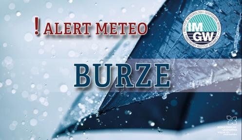 Na górze czerwony napis meteo alert poprzedzony wykrzyknikiem. Obok niego logo Instytutu Meteorologii i Gospodarki Wodnej – niebieski okrąg z białymi literami IMGW, poniżej niebieski napis burze. W tle fragment granatowego parasola oraz krople deszczu.