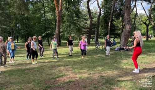 Grupa osób ćwiczy zumbę na polanie w parku