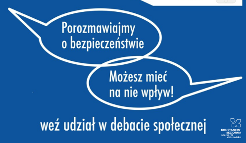 Plakat zapraszający mieszkańców gminy Konstancin-Jeziorna na debatę społeczną na temat bezpieczeństwa, która odbędzie się 25 listopada 2024 roku w Urzędzie Miasta i Gminy.