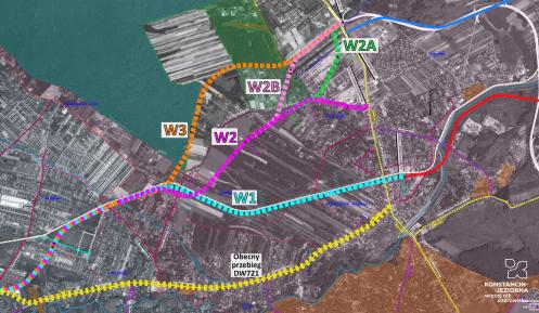 Mapa przedstawia różne warianty planowanych tras komunikacyjnych (W1, W2, W2A, W2B, W3) na tle istniejącej infrastruktury i terenu, z zaznaczonym obecnym przebiegiem drogi DW721.