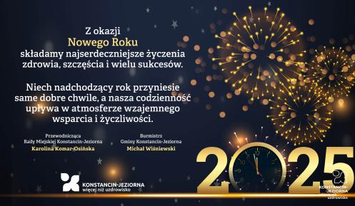 Grafika wektorowa z życzeniami od władz samorządowych gminy Konstancin-Jeziorna, treść życzeń znajduje się w treści artykułu.