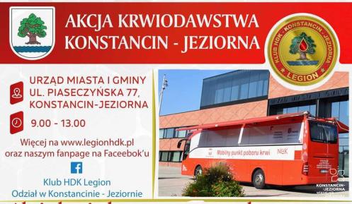 Plakat promujący akcje krwiodawstwa w Konstancinie-Jeziornie w 2025 r.