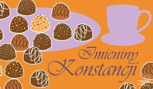Grafika przedstawia kolorowe czekoladki na pomarańczowym tle z fioletową kokardą i napisem „Imieniny Konstancji” w fioletowej czcionce.