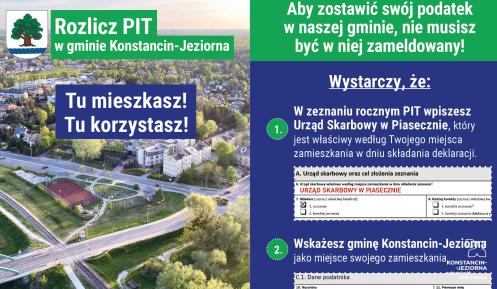 Ulotka zachęcająca mieszkańców Konstancina-Jeziorny do wskazania gminy jako miejsca zamieszkania w deklaracji PIT, aby wspierać lokalny budżet i rozwój infrastruktury.