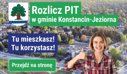 Reklama zachęcająca mieszkańców gminy Konstancin-Jeziorna do rozliczenia PIT-u na miejscu, z hasłem „Tu mieszkasz! Tu korzystasz!” oraz uśmiechniętą kobietą pokazującą kciuk w górę.