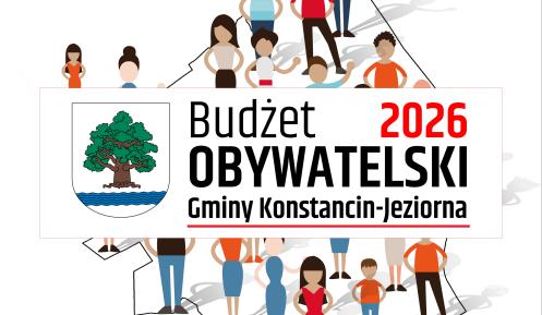 Grafika promująca Budżet Obywatelski 2026 Gminy Konstancin-Jeziorna, przedstawiająca mieszkańców na tle mapy gminy oraz herb i logo inicjatywy.