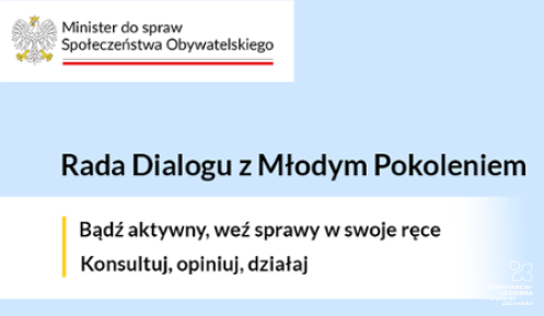 Grafika promująca Radę Dialogu z Młodym Pokoleniem. Po lewej stronie znajduje się logo Ministra do spraw Społeczeństwa Obywatelskiego. W centralnej części napis: „Rada Dialogu z Młodym Pokoleniem. Bądź aktywny, weź sprawy w swoje ręce. Konsultuj, opiniuj, działaj”. Po prawej stronie ilustracja: trzy osoby – jedna wspina się po drabinie, druga trzyma dużą żarówkę-symbol pomysłu, trzecia stoi na szczycie żarówki.