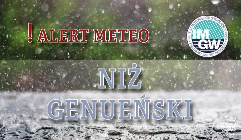 Na górze czerwony napis meteo alert poprzedzony wykrzyknikiem. Obok niego logo Instytutu Meteorologii i Gospodarki Wodnej – niebieski okrąg z białymi literami IMGW, poniżej niebieski niż genueński. W tle zielony las oraz lekko wzburzona woda.