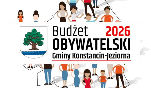 Białe tło z herbem gminy Konstancin-Jeziorna oraz napisem Budżet Obywatelski 2026 Gminy Konstancin-Jeziorna.