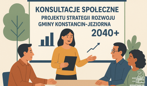 Ilustracja przedstawia cztery osoby siedzące przy stole i rozmawiające, a w tle znajduje się tablica z napisem „Konsultacje społeczne projektu Strategii Rozwoju Gminy Konstancin-Jeziorna 2040+”.