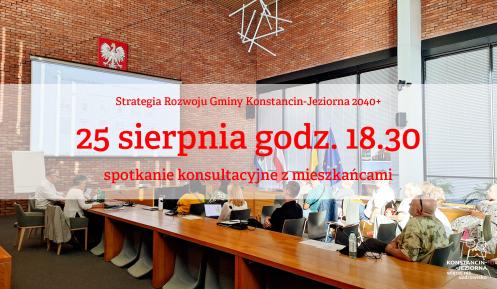 grupa ludzi na prezentacji, napis na czerwono 25 sierpnia godz. 18.30 spotkanie z mieszkańcami