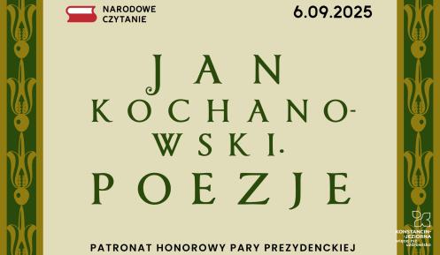 baner informacyjny akcji Narodowe Czytanie napis: Jan Kochanowski. Poezje 6.09.2025 patronat honorowy pary prezydenckiej