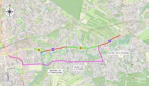 Mapa DW 721 z zaznaczonymi odcinkami dróg jednokierunkowych i dwukierunkowych.