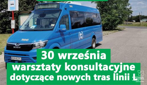 Plakat informuje o warsztatach konsultacyjnych dotyczących nowych tras linii L w Konstancinie-Jeziornie, które odbędą się 30 września.