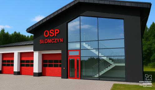 Nowoczesny budynek strażnicy OSP w Słomczynie z przeszkloną klatką schodową i czerwonymi bramami garażowymi.