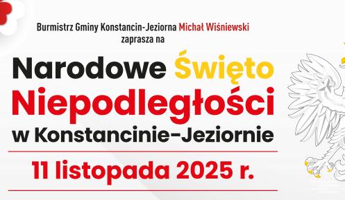 Plakat informuje o obchodach Narodowego Święta Niepodległości w Konstancinie-Jeziornie 11 listopada 2025 roku, zorganizowanych przez burmistrza gminy.