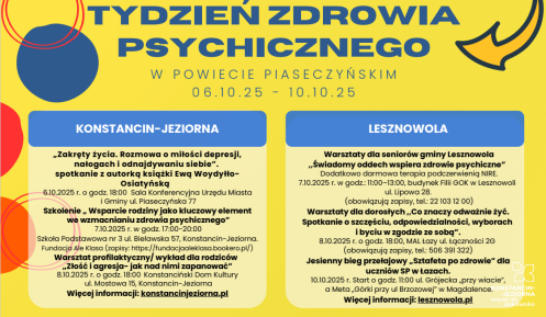 żółty plakat przedstawiający harmonogram tygodnia zdrowia psychicznego