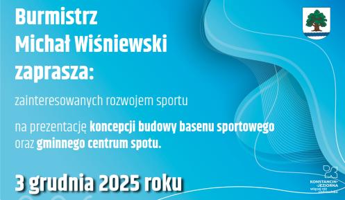 Plakat informujący o spotkaniu w sprawie koncepcji centrum sportu i basenu. 