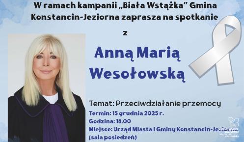 niebieski plakat z wizerunkiem blond kobiety-sędziny zapowiadający wykład