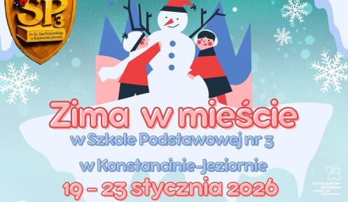 plakat niebieski z dziećmi i bałwanem 