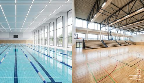 Wizualizacja przedstawiająca nowoczesny basen sportowy z torami pływackimi oraz wielofunkcyjną halę sportową z trybunami i boiskami do gier zespołowych.