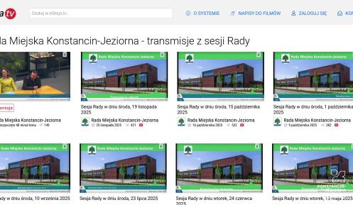 Zrzut ekranu przedstawiający stronę eSesja.tv z listą transmisji i nagrań sesji Rady Miejskiej Konstancin-Jeziorna, widocznych w formie miniatur wideo z datami posiedzeń.