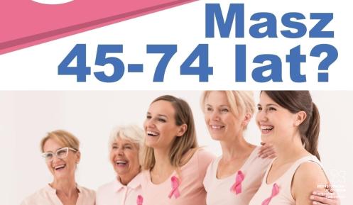 Plakat informujący o bezpłatnej mammografii dla kobiet w wieku 45–74 lat, która odbędzie się 14 stycznia 2026 r. od godz. 9.00 w mammobusie przy ratuszu w Konstancinie-Jeziornie, z danymi do rejestracji telefonicznej i online.