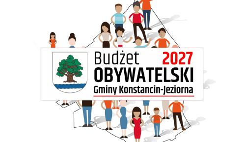 Grafika promująca Budżet Obywatelski 2027 Gminy Konstancin-Jeziorna, przedstawiająca mieszkańców na tle mapy gminy oraz herb i logo inicjatywy.