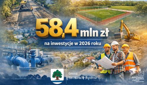 Grafika przedstawia informację o przeznaczeniu 58,4 mln zł na inwestycje w 2026 roku, ilustrowaną zdjęciami prac drogowych, boiska sportowego, infrastruktury wodociągowej oraz robót budowlanych.
