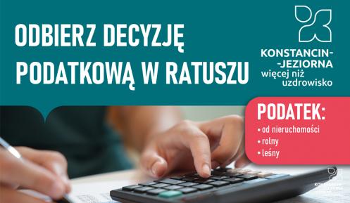 Plakat informacyjny gminy Konstancin-Jeziorna zachęcający do osobistego odbioru decyzji podatkowych (od nieruchomości, rolnego i leśnego) w ratuszu w dniach 26–31 stycznia 2026 r., z podanymi godzinami pracy urzędu oraz informacją o późniejszej wysyłce pocztowej i elektronicznej.